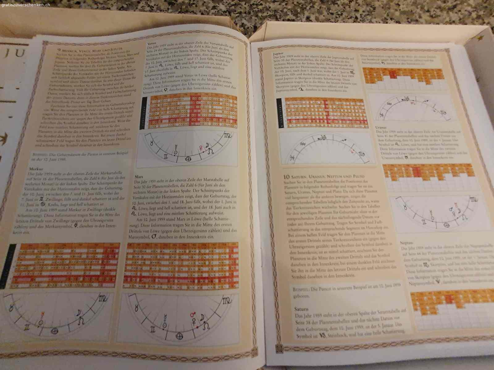 Astrologie Parkers / Julia & Derk Parker Erstausgabe. Spielerisches Astrologie Lehrbuch mit Vielen Anleitungen, Deutungen und Tabellen inkl. Ephemeriden. Sehr schöne in Farbe gehaltene Anleitung von A-Z zum selber basteln, errechnen und Deuten. Ein sehr ausgefeiltes Lehrbuch für Astrologie Begeisterte, Standardwerk und ohne viel Technik Schnick Schnack. Mit den Händen selber erarbeiten ergibt ein sehr gutes Grundverständnis. Wollten Sie schon immer wissen wie die eigen Kinder ticken, die Freunde und Bekannte? Auch zur Selbst Erkenntnis gut geeignet. Auch wenn heute vieles online möglich ist, handgefertigt ist ein Abenteuer. Bitte nur Anfragen mit Abholbestätigung und Kommunikation über gratis zu verschenken, damit ich antworten kann.