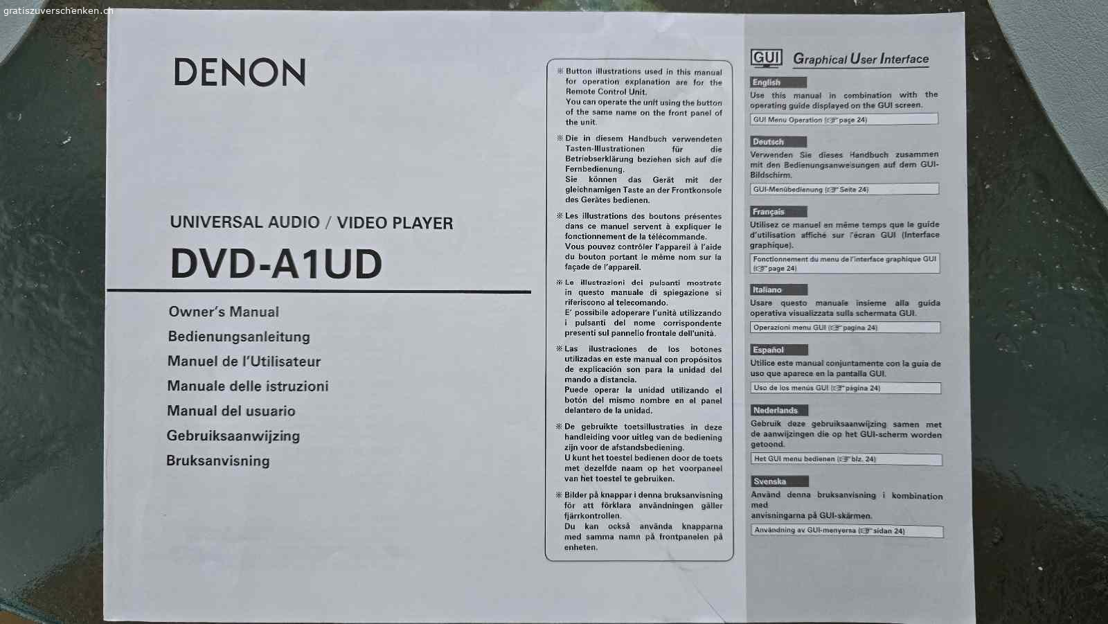 Denon DVD-A1UD Original Fernbedienung und Gebrauchsanweisung. Original Fernbedienung. Sprachen der Gebrauchsanweisung: Deutsch, Französisch. Italienisch, Spanisch, Niederländisch, Schwedisch und Englisch