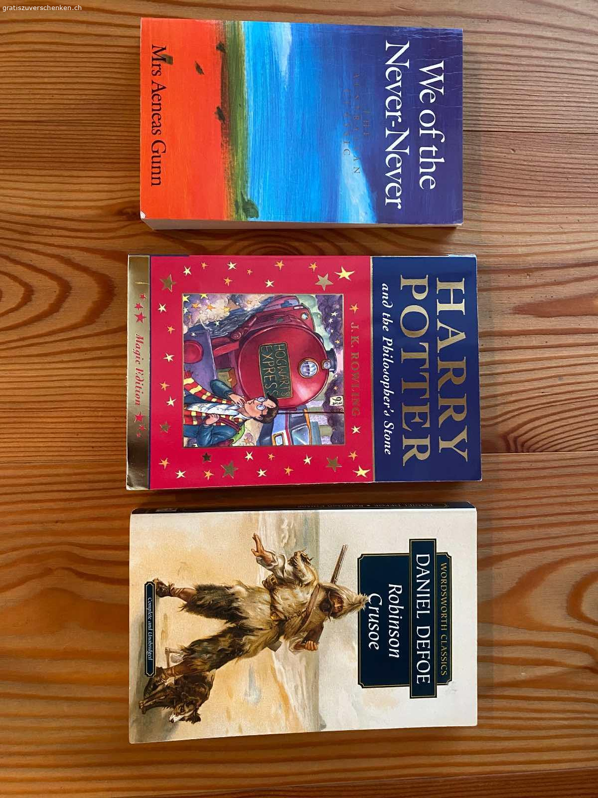 Diverse Bücher. Diverse Bücher gratis abzugeben. 

Harry Potter, Robinson Crusoe, We of the Never-Never: sind auf ENGLISCH
Harry Potter sind einige Wörter unterstrichen - hindert nicht beim lesen. 

Piri und die Katze - ist auf der 1. Seite ein Name eingeschrieben. 

Immer mit der Ruhe - fehlt die 1. Seite (war eine leere Seite mit einer Widmung). 

Bücher müssen abgeholt werden.