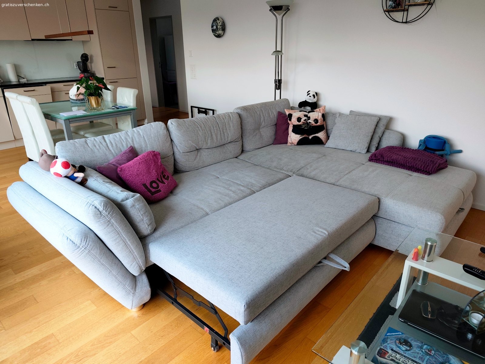 Ausziehbares Ecksofa (Schlafsofa). Aufgrund Zusammenzug mit meinem Partner benötige ich mein Ecksofa nicht mehr. Es kann ausgezogen und zu einem Schlafsofa umfunktioniert werden. Zudem ist der lange Teil aufklappbar und bietet viel Stauraum.

In der Ecke, in der am meisten gesessen wurde, ist es etwas verfärbt. Ebenso ein wenig an der Rückseite, da mein Hund beim Liegen da gerne anlehnte (er durfte aber nie auf das Sofa). Für Personen mit Hundehaarallergie wohl dennoch eher weniger geeignet.

Masse: 303 cm (inkl. Lehne links und rechts) / 73 cm Höhe / 100 cm Tiefe Sitzbereich / 204 cm Tiefe langer Teil.

Muss selbst abgeholt und abmontiert werden. Abholung sollte zwischen 8. bis 20. November 2026 erfolgen.
