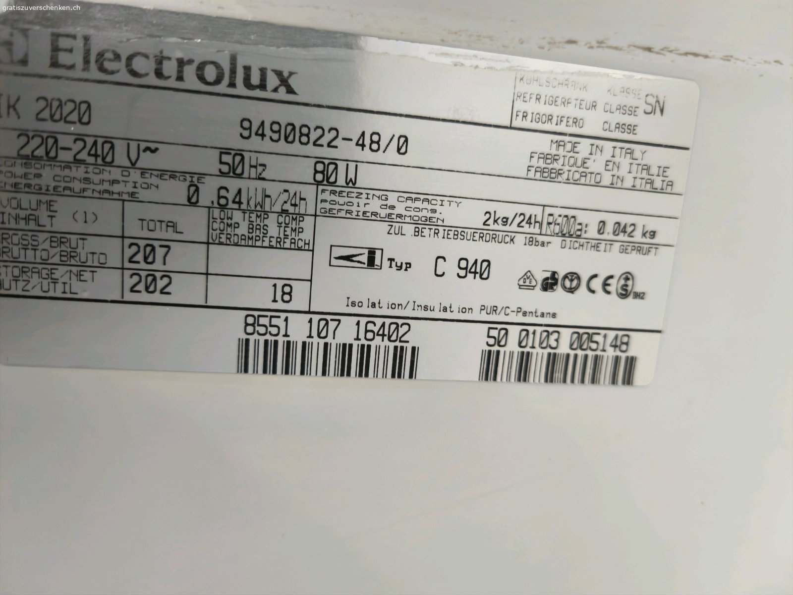 Electrolux Einbau Kühlschrank 200l. Mit Gefrierfach, funktioniert.