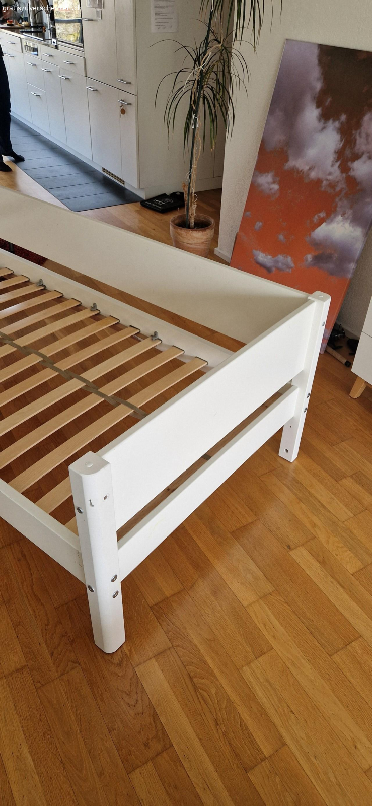 Flexa Bettgestell 90*200. Das gebrauchte Flexa Bettgestell ist ca. 6 Jahre alt und weist gebrauchspuren und Kleber Rückstände auf. Die Latten unten wurden verstärkt. Eine ungebrauchte Matraze kann mitgegeben werden