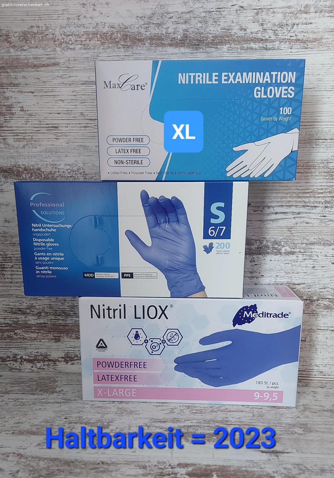 Handschuhe ungepudert, latexfrei. ARTIKELBESCHREIBUNG 
Die Handschuhe sind neu und originalverschlossen 
Haltbarkeitsdatum: 2023
Wir haben mehrere Stück an Lager 
Die Fotos und der Titel sind Teil der Artikelbeschreibung

PREIS - Unser Geschenk für dich!
Du erhältst 1 Karton gratis, ganz ohne Einkaufspflicht
Und das Beste, danach gilt:
Karton mit 100 Stück: gratis ab 2.- Einkaufswert
Karton mit 180 Stück: gratis ab 4.- Einkaufswert
Karton mit 200 Stück: gratis ab 4.50 Einkaufswert
Komm vorbei und schnapp dir deinen Gratis-Karton!

NUR ABHOLUNG - KEIN VERSAND!
Du darfst auch gerne für eine unverbindliche Besichtigung vorbeikommen

AUCH WICHTIG
Die Ware wird so gut wie möglich beschrieben und auf Mängel hingewiesen. Farben können aufgrund der eigenen Wahrnehmung und der Bild- sowie Lichtqualität abweichen. Alle Angaben werden von uns mit bestem Wissen gemacht.

* * * Schau doch noch bei UNSEREN ANDEREN ANGEBOTE rein * * *
