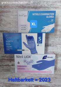 Handschuhe ungepudert, latexfrei. ARTIKELBESCHREIBUNG 
Die Handschuhe sind neu und originalverschlossen 
Haltbarkeitsdatum: 2023
Wir haben mehrere Stück an Lager 
Die Fotos und der Titel sind Teil der Artikelbeschreibung

PREIS - Unser Geschenk für dich!
Du erhältst 1 Karton gratis, ganz ohne Einkaufspflicht
Und das Beste, danach gilt:
Karton mit 100 Stück: gratis ab 2.- Einkaufswert
Karton mit 180 Stück: gratis ab 4.- Einkaufswert
Karton mit 200 Stück: gratis ab 4.50 Einkaufswert
Komm vorbei und schnapp dir deinen Gratis-Karton!

NUR ABHOLUNG - KEIN VERSAND!
Du darfst auch gerne für eine unverbindliche Besichtigung vorbeikommen

AUCH WICHTIG
Die Ware wird so gut wie möglich beschrieben und auf Mängel hingewiesen. Farben können aufgrund der eigenen Wahrnehmung und der Bild- sowie Lichtqualität abweichen. Alle Angaben werden von uns mit bestem Wissen gemacht.

* * * Schau doch noch bei UNSEREN ANDEREN ANGEBOTE rein * * *
