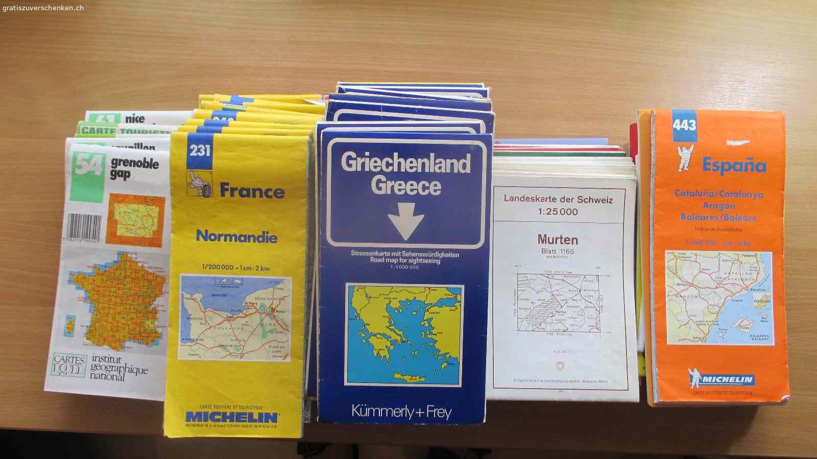 Kartenmaterial älter. -Strassenkarten, Schweiz, Italien, Spanien, Frankreich, Griechenland
-Wanderkarten 1:25'000, 1:50'000, 1:100'000

Bitte Detailfragen per Mail