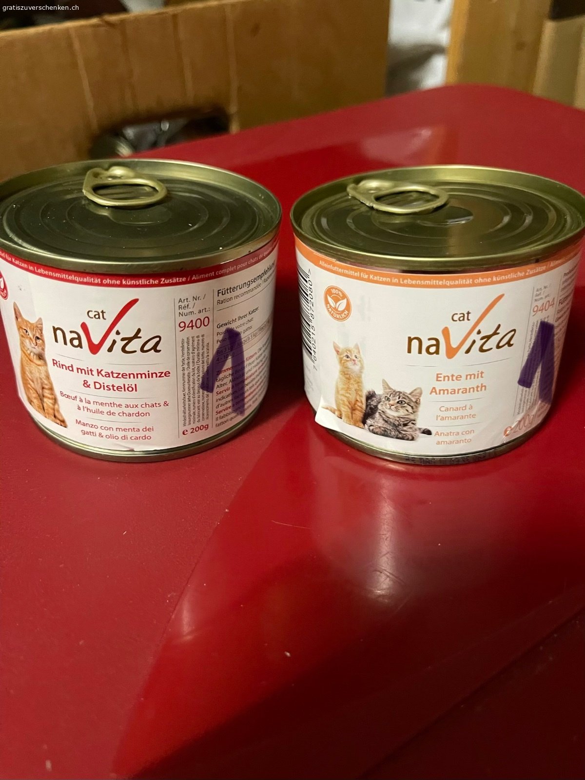 Katzenfutter Feucht. Katzenfutter Hill‘s….
Lachs 20 Stück
Chicken 14 Stück
Forelle 8 Stück
Navita.. Rind, Ente je 1x