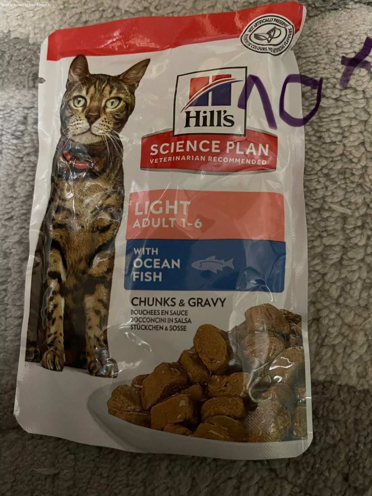 Katzenfutter Trocken und Feucht. -Katzentrockenfutter Purizon…4 verschiedene Sorten ursprünglich 400g angebrochen je 1 Portion davon entnommen
Katzentrockenfutter Yarra.. ursprünglich 800g..ca.3 Portionen davon entnommen.
-Katzentrockenfutter Defu.. ursprünglich 800g…ca.3 Portionen entnommen…
-Hill‘s Feuchtfutter Turkey 5x
-Hill‘s Feuchtfutter Chicken 5x
-Hill‘s Feuchtfutter Ocean Fish 10x
