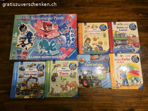 Kinderbücher und Puzzle. Kinderbücher, Puzzle zu verschenken
die Bücher haben teils starke Gebrauchsspuren, da meine Kinder sie liebten
Puzzle komplett 
Wird nur als Packet abgegeben, KEINE Einzel Abgabe
Es werden nur Emails beachtet, welche Datum und Uhrzeit fürs Abholen beim Erstkontakt mitteilen
Bitte kontrolliert euer Spam, vermutlich landet meine Antwort dort.
besten Dank
Nur Abholung möglich
