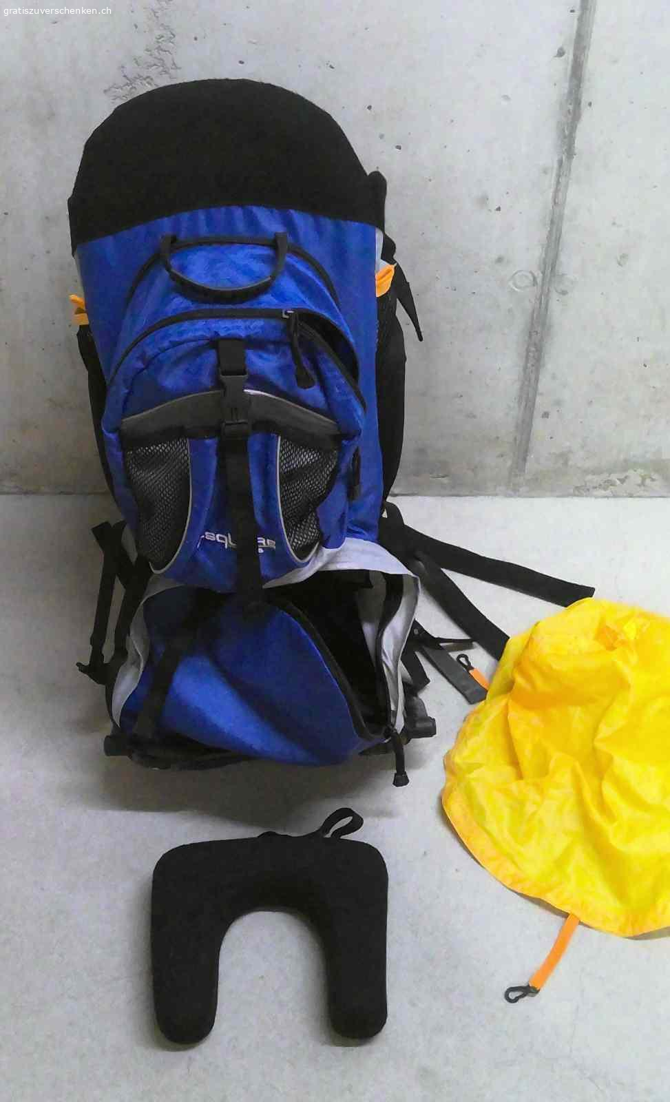 Kindertragerucksack. Gebrauchter Kindertragerucksack von B-Square inkl. kleinem abnehmbaren Kinderrucksack, Sonnenschutz und abnehmbarer Nackenstütze gratis gegen Abholung abzugeben.