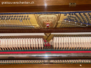 Klavier gratis abzugeben. Das Klavier unseres Sohnes wird bei uns nicht mehr benutzt und könnte jemand anderem Freude bereiten.  
Das Klavier wurde länger nicht mehr gestimmt, ist jedoch funktionstüchtig. 
Es handelt sich um ein Hofmann Klavier mit einer Renner - Mechanik (renommierte Klaviermechanik) in Nussbaum, ca. 110 cm hoch und hat im August 2016 2'000 CHF gekostet.
Wir geben das Klavier gerne kostenlos weiter, sofern die Abholung organisiert und finanziert wird. 
Bei Interesse freue ich mich über Ihre Rückmeldung.
