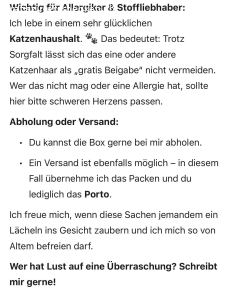 Kleidung & Accessoires - Mystery Box. Verschenke eine Mystery Box mit Kleidung (Wintermix, Sport) & Accessoires.
?WICHTIG: Katzenhaushalt! Wer Haare scheut, bitte nicht melden. Versand gegen Porto möglich. Ich freue mich, wenn’s Freude macht & Platz schafft! Bitte etwas Geduld beim Antworten.
