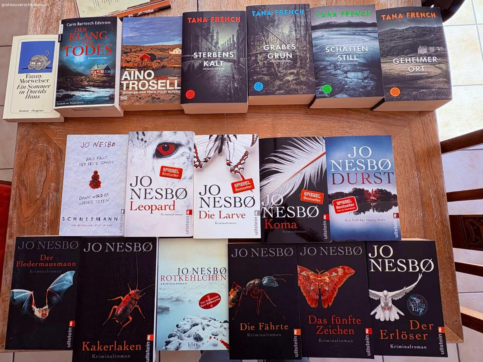KRIMI Jo Nesbø, Tana French  und mehr. 11 Jo Nesbø und 4 Tana French, sauber, in gutem Zustand.
Bei Interesse ev noch weitere Bücher zu verschenken (ich muss sie noch aussortieren ?).
Müssen abgeholt werden.