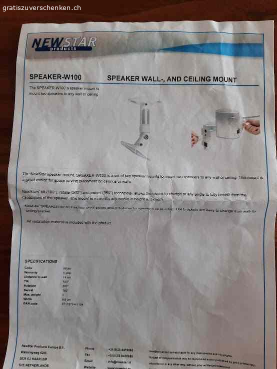 2 Lautsprecher Konsolen für Wand- oder Deckenmontage. Marke New Star
Hohe Qualität 
mit Anleitung für Montage 
Details siehe Foto