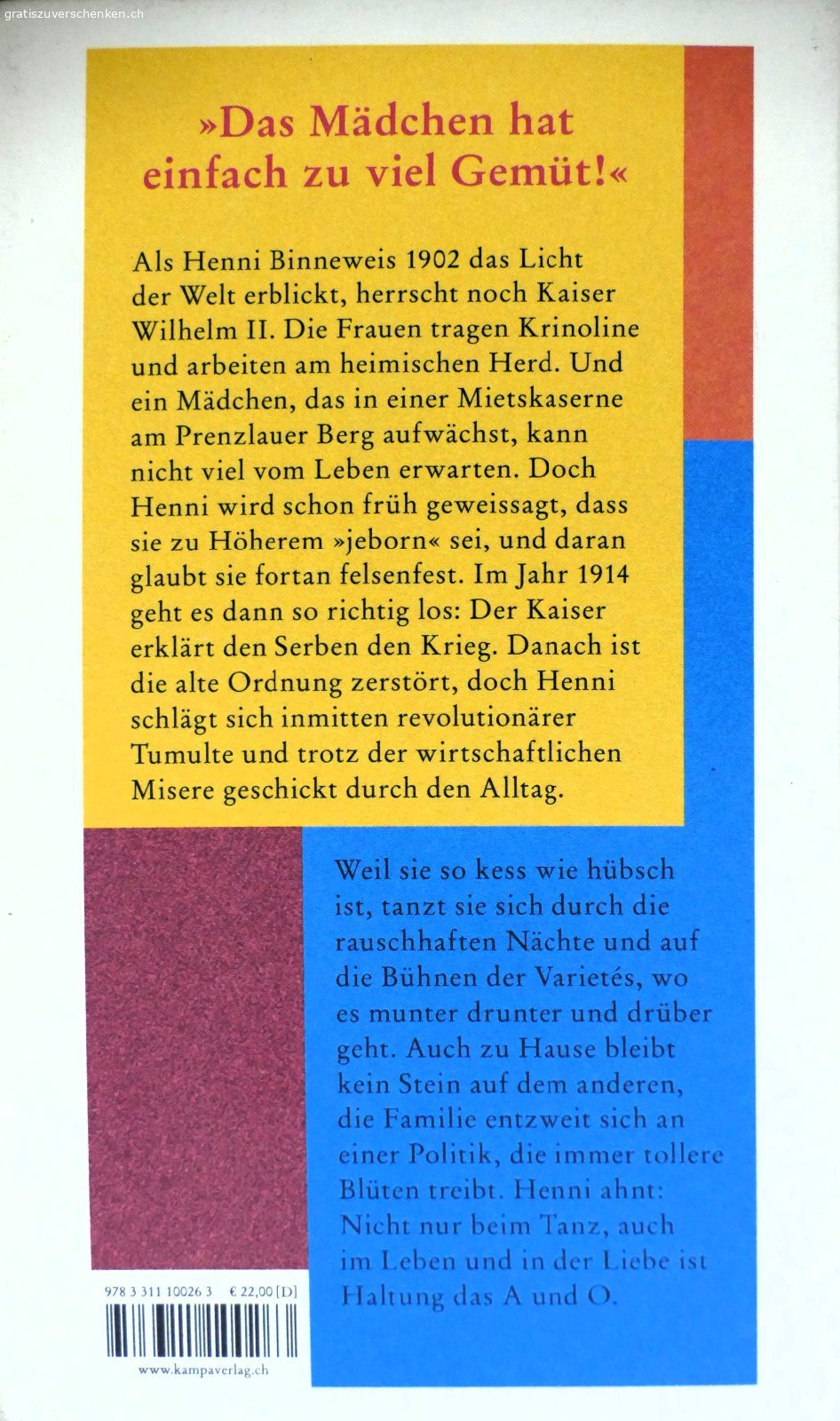 Roman von Tim Krohn. Tim Krohns Roman Die heilige Henni der Hinterhöfe aus dem Jahr 2020 erhält in der Kritik viel Lob für seine lebendige, sprachlich treffende Zeitreise ins Berlin des Ersten Weltkriegs und der Zwanzigerjahre. Kritiker beschreiben die Hauptfigur Henni als lebensfrohe, freche und zugleich naive Berliner Göre mit grossem Charme, die dem Buch einen tragikomischen und mitunter an Erich Kästner erinnernden Ton verleiht.
Das 250 Seiten starke Buch ist gebraucht und in gutem Zustand.
Es kann in Winterthur abgeholt, oder gegen Übernahme der Vesandkosten in Briefmarken auch versandt werden.