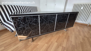 Sideboard,4 Türen, Glas schwarz gemustert