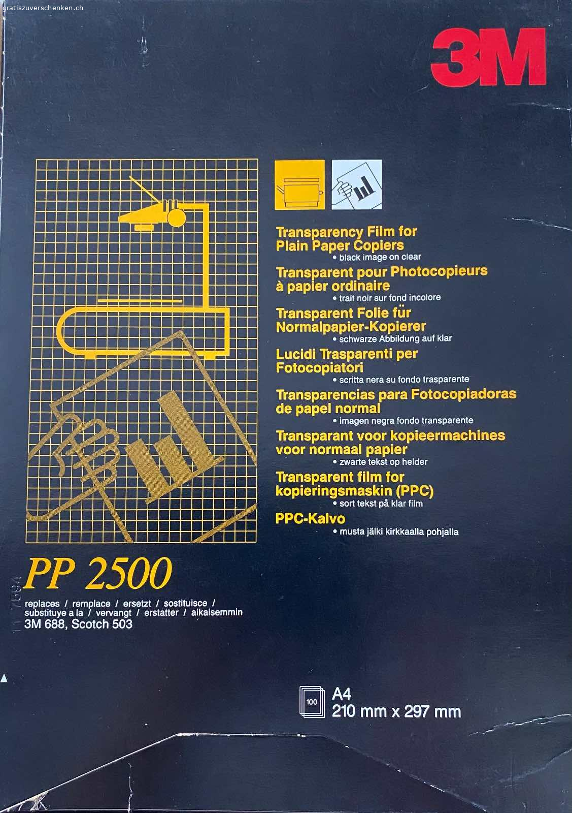 Transparent Folie für Normalpapierkopierer. Für den Hellraumprojektor oder auch für Bastelarbeiten.

Es sind mindestens noch 30 Folien im Pack.

Bitte nicht anrufen, sondern per Mail, SMS oder WhatsApp Kontakt aufnehmen.