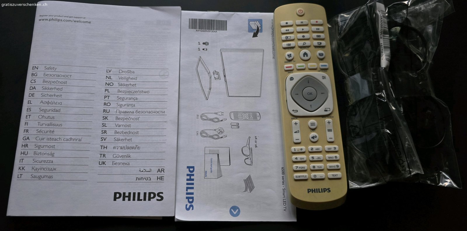 TV. TV Philips
Diagonale ca. 80cm
inkl. Bedienungsanleitung, Fernbedienung und 4 Brillen

Muss in Brienz oder Sarnen abgeholt werden