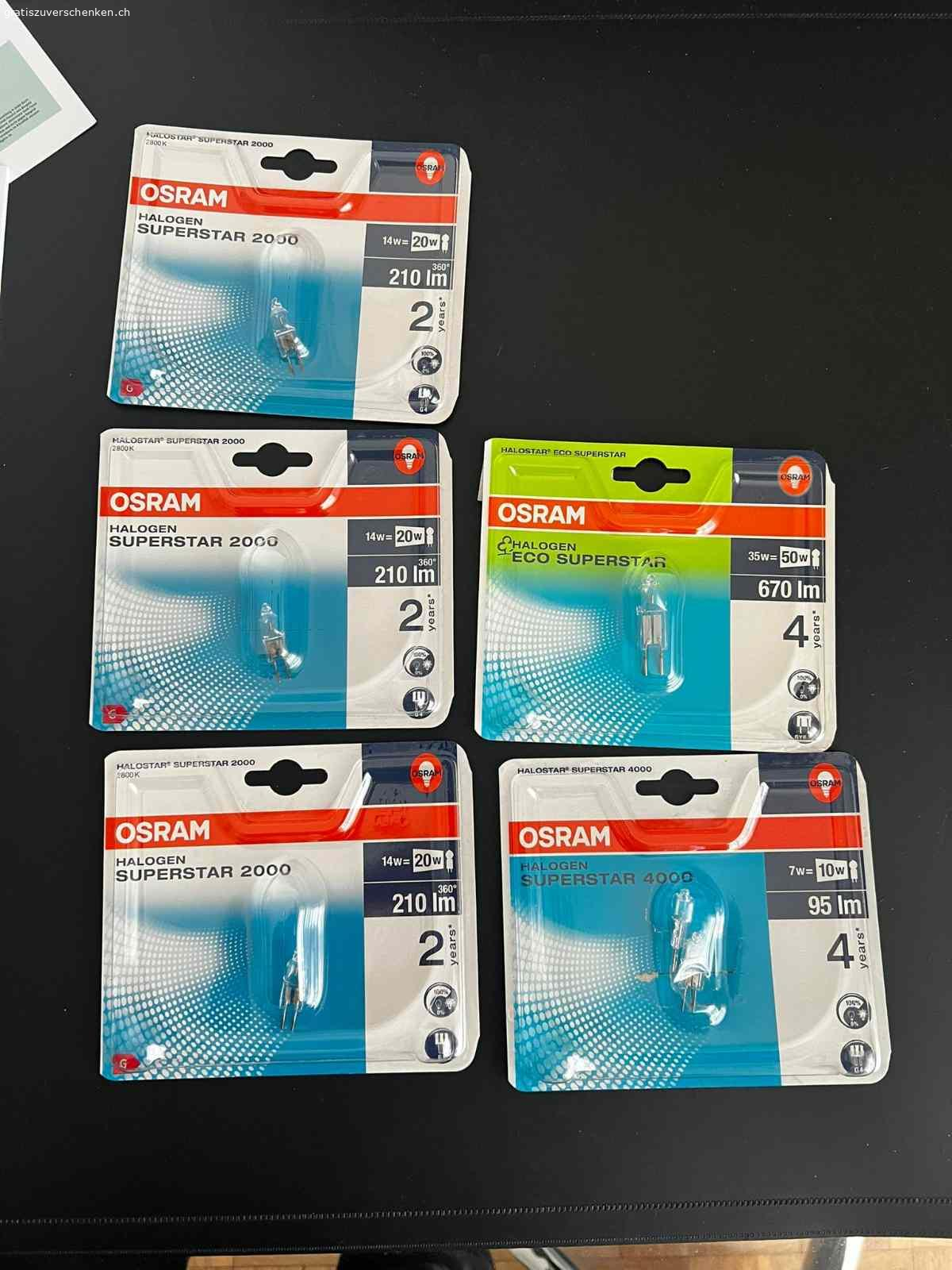 Verschiedene Halogen Ersatzlämpchen. Diese Halogen Ersatzlämpchen kann ich wegen Wechsels zu LED nicht mehr brauchen. Falls jemand noch Halogen hat, sind diese  sicher noch zu gebrauchen. Sind neu. 
Ich gebe nur alle zusammen ab.
Falls Versand, müssen Portokosten erstattet werden.